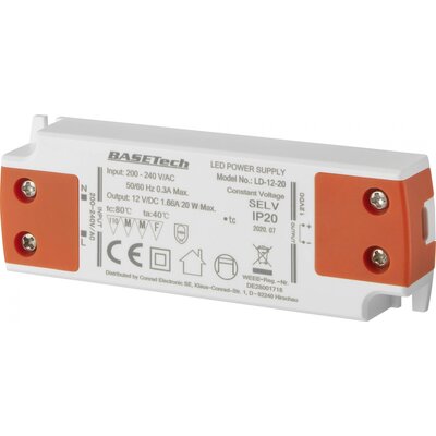 Basetech LD-12-20 LED transzformátor Állandó feszültségű 20 W 1.66 A Bútorhoz alkalmas, Túlfeszültség kategória,, Gyúlékony felületekre szerelhető 1 db