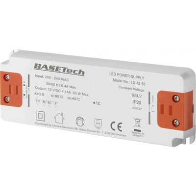 Basetech LD-12-50 LED transzformátor Állandó feszültségű 50 W 4.16 A Bútorhoz alkalmas, Túlfeszültség kategória,, Gyúlékony felületekre szerelhető 1 db