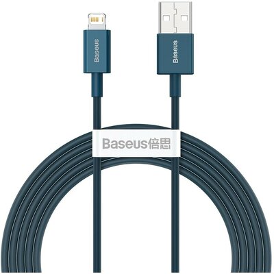 USB töltő- és adatkábel, Lightning, 200 cm, 2400 mA, törésgátlóval, gyorstöltés, PD, Baseus Superior, CALYS-C03, kék