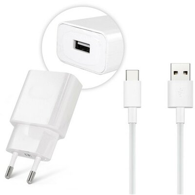 Hálózati töltő adapter, 5V / 2000 mAh, USB aljzat, USB Type-C kábellel, gyorstöltés, Huawei, fehér, gyári