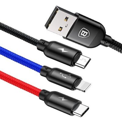 BASEUS kábel 3in1 USB A to Micro USB / Lightning / Type C 3,5A CAMLT-BSY01 0,3 m fekete