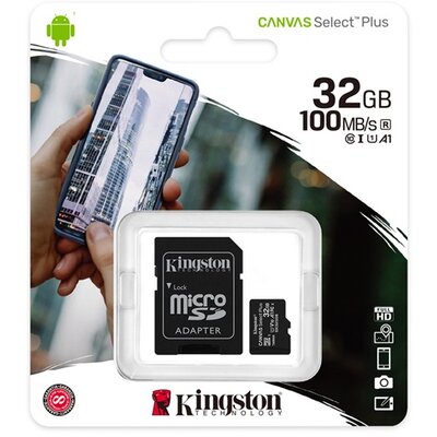 KINGSTON SDCS2/32GB KINGSTON memóriakártya 32GB (microSDHC Canvas Select Plus - Class 10, 100R, A1) + SD adapter [Motorola Moto E14 (XT2421-14), Motorola Moto G85]