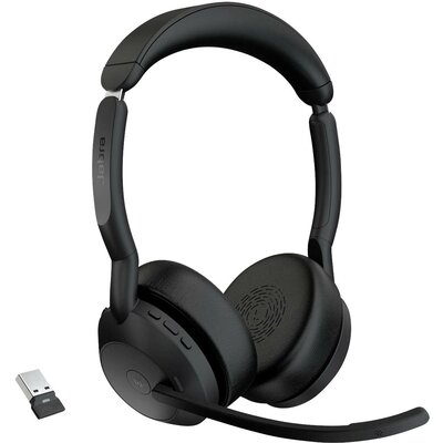 Jabra Evolve2 55 MS Stereo Számítógép On Ear headset Bluetooth® Stereo Fekete Noise Cancelling, mikrofon zajelnyomás Headset, Mikrofon némítás, Hangerő