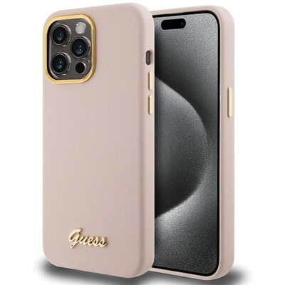 GUESS tok IPHONE 15 Pro GUHCP15LSMBSLP (Silicone Script Metal Logo & Frame) pink rózsaszín