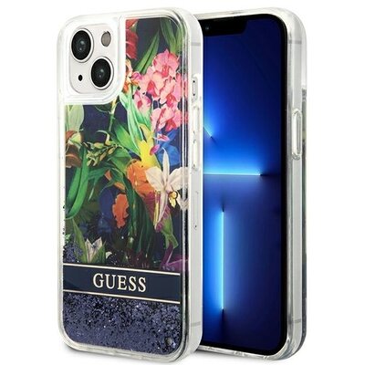 GUESS tok IPHONE 13 / 14 / 15 GUHCP14SLFLSB (Flower Liquid Glitter) kék virágos