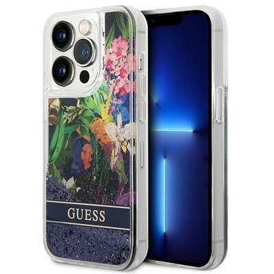 GUESS tok IPHONE 14 Pro GUHCP14LLFLSB (Flower Liquid Glitter) virágos kék