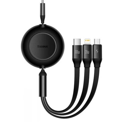 USB Type-C töltő- és adatkábel 3in1, USB Type-C, Lightning, microUSB, 110 cm, 100W, 3500 mA, gyorstöltés, lapos, feltekerhető, Baseus Bright Mirror 2, CAMJ010201, fekete