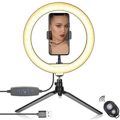 Prémium LED-es gyűrű alakú selfi lámpa, 26 cm átmérő, 360°-ban forgatható, dönthető, exponáló gombbal, bluetooth-os, tripod állvány funkció, fekete