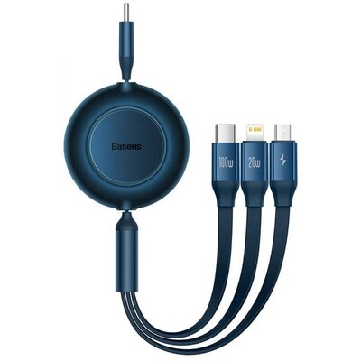 USB Type-C töltő- és adatkábel 3in1, USB Type-C, Lightning, microUSB, 110 cm, 100W, 3500 mA, gyorstöltés, lapos, feltekerhető, Baseus Bright Mirror 2, CAMJ010203, kék