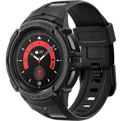 Samsung Galaxy Watch 5 Pro SM-R925F, Szilikon védőkeret, ütésálló, szíjjal, Spigen Rugged Armor Pro, fekete