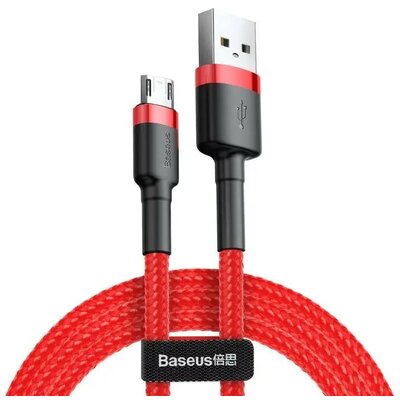 USB töltő- és adatkábel, microUSB, 200 cm, 1500 mA, törésgátlóval, cipőfűző minta, Baseus Cafule, CAMKLF-C09, piros