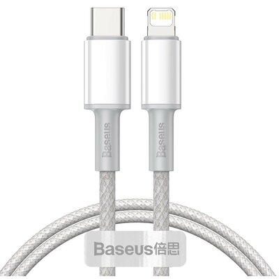 USB Type-C töltő- és adatkábel, Lightning, 100 cm, 20W, törésgátlóval, gyorstöltés, Baseus, CATLGD-02, fehér