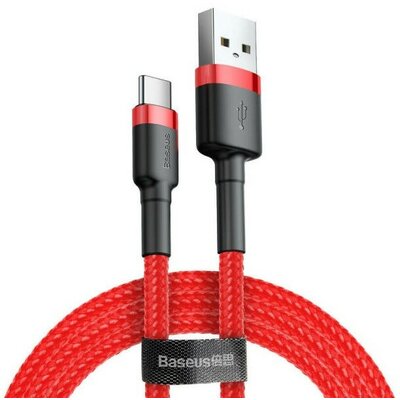 USB töltő- és adatkábel, USB Type-C, 200 cm, 2000 mA, törésgátlóval, gyorstöltés, cipőfűző minta, Baseus Cafule CATKLF-C09, piros