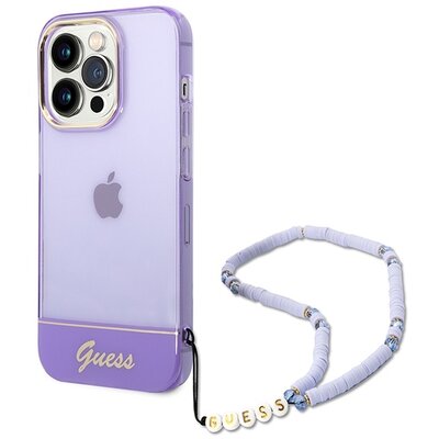 Eredeti előlap tok GUESS GUHCP14LHGCOHU iPhone 14 PRO-hoz (IML Electro Cam w. Strap Translucent / lila)