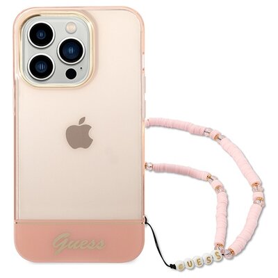 Eredeti előlap tok GUESS GUHCP14LHGCOHP iPhone 14 PRO-hoz (IML Electro Cam w. Strap Translucent / rózsaszín)