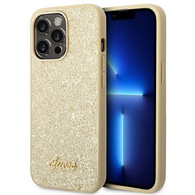 Eredeti előlap tok GUESS GUHCP14XHGGSHD iPhone 14 PRO MAX készülékhez (Glitter Flakes Script Metal Logo / arany)