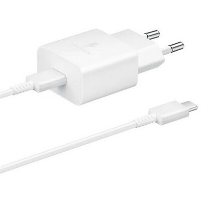 Hálózati töltő adapter, 15W, USB Type-C aljzat, USB Type-C kábellel, PD, gyorstöltés, Samsung, fehér, gyári