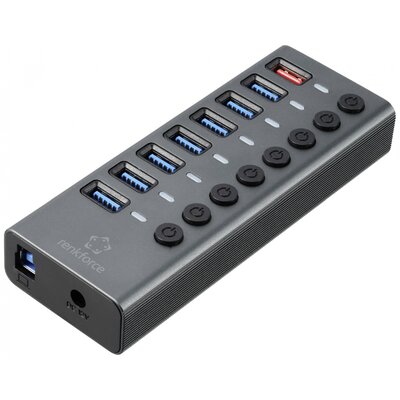 Renkforce RF-HUB-380 8 port USB 3.2 hub, 2. gen Külön kapcsolható, Státusz LED-del, Alumínium házzal Ezüst-fekete