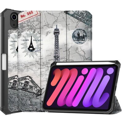 Apple iPad Mini (2021) (8.3), mappa tok, Apple Pencil tartóval, Eiffel torony, térkép minta, Smart Case, Wooze New Style Trifold Case, szürke