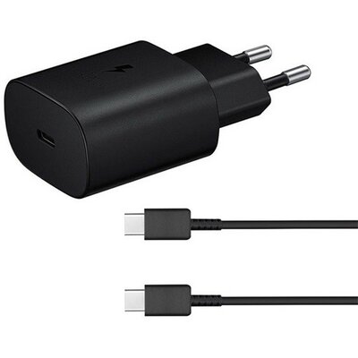 Hálózati töltő adapter, 25W, USB Type-C aljzat, USB Type-C kábellel, PD 3.0, PDO / PPS, gyorstöltés, Samsung, fekete, gyári