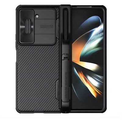 Samsung Galaxy Z Fold5 SM-F946B, Műanyag hátlap + szilikon keret, közepesen ütésálló, kamera védelem, csíkos minta, Nillkin CamShield Pro, fekete