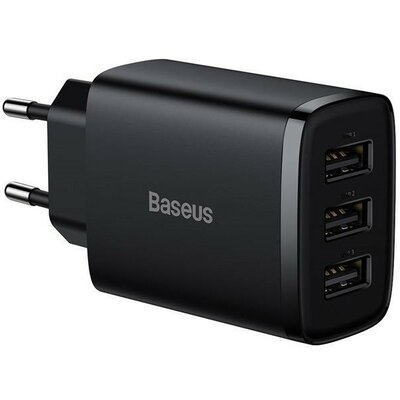 Hálózati töltő adapter, 17W, 3 x USB aljzat, gyorstöltés, Baseus Compact, fekete