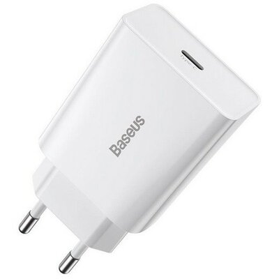 Hálózati töltő adapter, 20W, USB Type-C aljzat, gyorstöltés, PD, Baseus Speed Mini, fehér