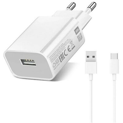 Hálózati töltő adapter, 10W, USB aljzat, USB Type-C kábellel, Xiaomi, fehér, gyári