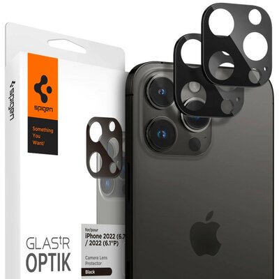 Apple iPhone 14 Pro / 14 Pro Max, Kamera lencsevédő fólia, ütésálló fólia, Tempered Glass (edzett üveg), Spigen Glastr Optik, fekete, 2 db / csomag