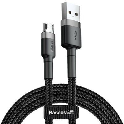 USB töltő- és adatkábel, microUSB, 300 cm, 2000 mA, törésgátlóval, cipőfűző minta, Baseus Cafule, CAMKLF-HG1, fekete/szürke