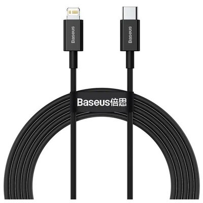 USB Type-C töltő- és adatkábel, Lightning, 200 cm, 20W, törésgátlóval, gyorstöltés, PD, Baseus Superior, CATLYS-C01, fekete