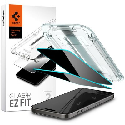 Apple iPhone 15 Pro, Kijelzővédő fólia, ütésálló fólia (az íves részre is!), Tempered Glass (edzett üveg), Spigen Ez Fit Privacy, Clear, 2 db / csomag