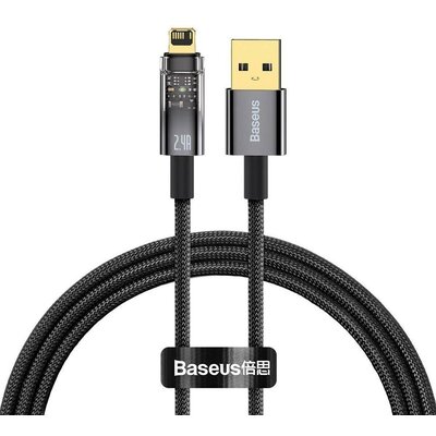 USB töltő- és adatkábel, Lightning, 100 cm, 2400 mA, gyorstöltés, cipőfűző minta, Baseus Explorer, CATS000401, fekete