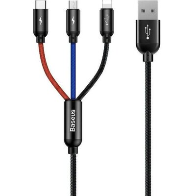 USB töltő- és adatkábel 3in1, USB Type-C, Lightning, microUSB, 120 cm, 3500 mA, gyorstöltés, cipőfűző minta, Baseus Three Primary Colors, CAMLT-BSY01, fekete/színes