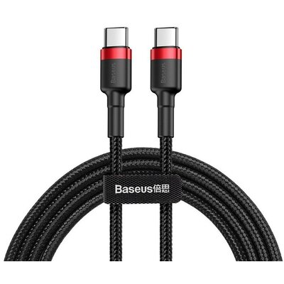 USB Type-C töltő- és adatkábel, USB Type-C, 200 cm, 3000 mA, 60W, törésgátlóval, gyorstöltés, PD, QC 3.0, cipőfűző minta, Baseus Cafule CATKLF-H91, fekete/piros