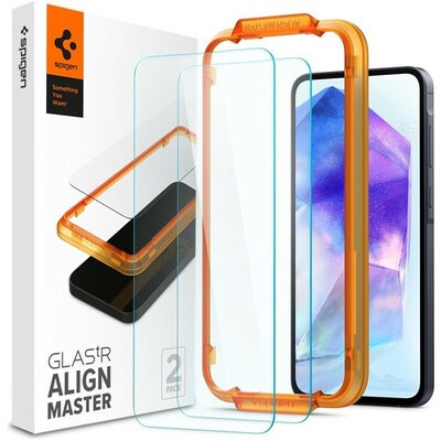 Samsung Galaxy A55 5G SM-A556B, Kijelzővédő fólia, ütésálló fólia (az íves részre is!), Tempered Glass (edzett üveg), Full Cover, Spigen Glastr Alignmaster, Clear - 2 db /csomag