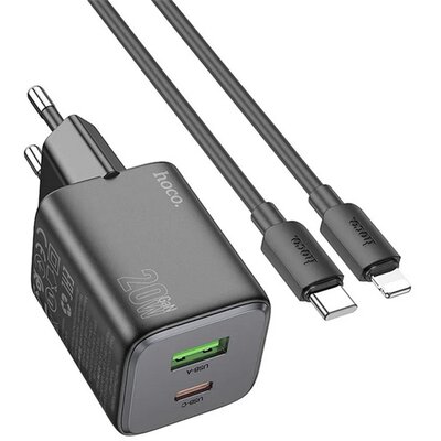 HOCO N41_LIGHTNING_B HOCO N41 hálózati töltő USB+Type-C aljzat (20W, GaN, PD gyorstöltő 3.0 + lightning kábel) FEKETE