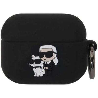 Bluetooth fülhallgató töltőtok tartó, szilikon, karabiner, napszemüveges lány és cica minta, Apple AirPods Pro kompatibilis, Karl Lagerfeld 3D Logo NFT Choupette, fekete