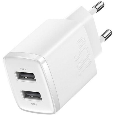 Hálózati töltő adapter, 10.5W, 2 x USB aljzat, gyorstöltés, Baseus Compact, fehér