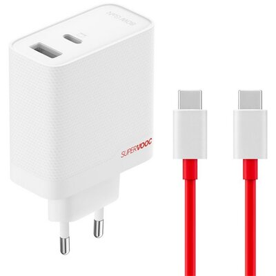 ONEPLUS 57983122844 ONEPLUS SUPERVOOC hálózati töltő USB+Type-C aljzat (80W, PD gyorstöltő, GaN + Type-C kábel) FEHÉR