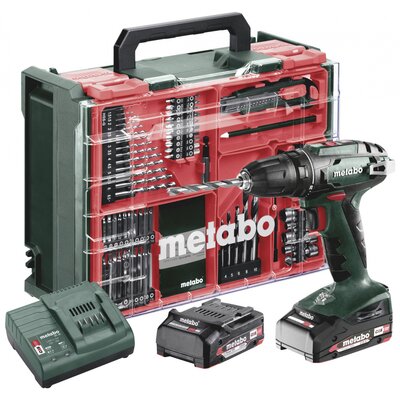 Metabo BS 18 Set 602207710 Akkus fúrócsavarozó 18 V 2 Ah Lítiumion 2. akkuval, kefe nélkül, Hordtáskával, Töltővel, Tartozékokkal