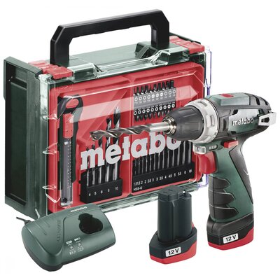 Metabo PowerMaxx BS Basic Set 600080710 Akkus fúrócsavarozó 12 V 2 Ah Lítiumion 2. akkuval, Töltővel, kefe nélkül, Hordtáskával, Tartozékokkal