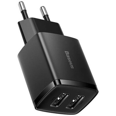 Hálózati töltő adapter, 10.5W, 2 x USB aljzat, gyorstöltés, Baseus Compact, fekete