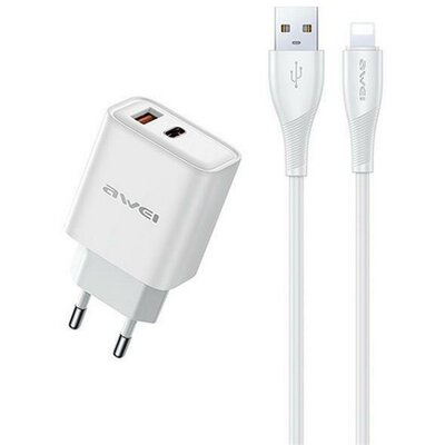 AWEI PD81L-EU AWEI PD81L-EU hálózati töltő USB+Type-C aljzat (22.5W, GaN, PD gyorstöltő + lightning kábel) FEHÉR