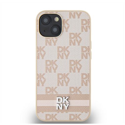 DKNY PU Leather Checkered Pattern and Stripe Apple iPhone 13 hátlap tok, rózsaszín