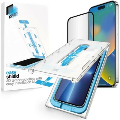 Apple iPhone 13 Pro Max / 14 Plus, Kijelzővédő fólia, ütésálló fólia (az íves részre is!), Tempered Glass (edzett üveg), felhelyező készlettel, Xprotector Eady Shield 3D, fekete