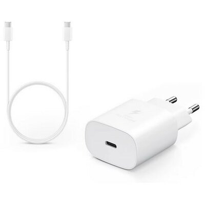 Hálózati töltő adapter, 25W, USB Type-C aljzat, USB Type-C - USB Type-C kábellel, PD 3.0, PDO / PPS, gyorstöltés, Samsung, fehér, gyári