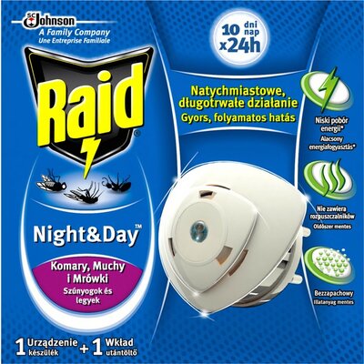 Raid Night & Day 240 órás szúnyog- és légyirtó párologtató készülék + 1db utántöltő