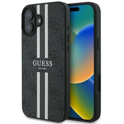 Guess 4G Printed Stripes MagSafe Apple iPhone 16 Plus hátlap tok, fekete/barna GUHMP16MP4RPSK