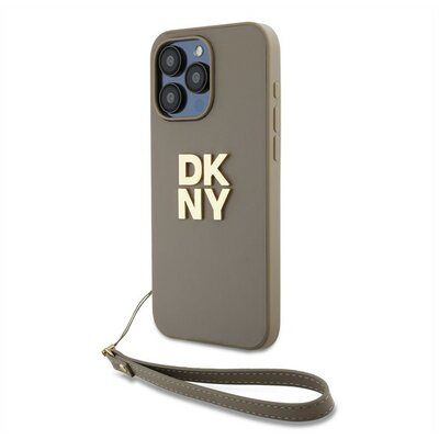 DKNY PU Leather Stack Logo Apple iPhone 14 Pro hátlap tok csuklópánttal, bézs